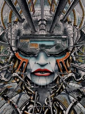 The Techno-Duchesse: A watercolor cyberpunk illustration.