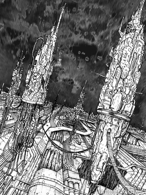 futuristic city drawing black white ballpoint pen, simon lejeune art, cybercity, haedre