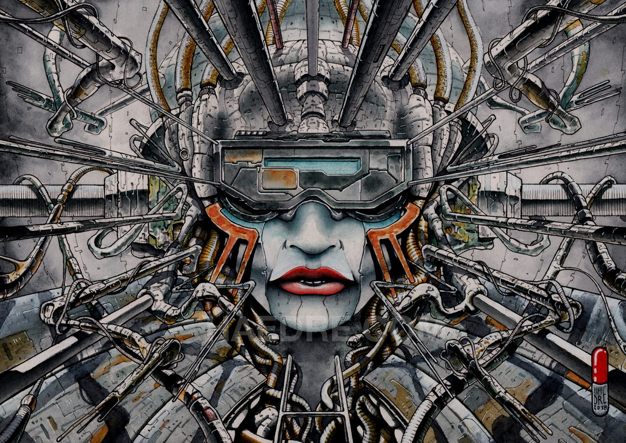 techno duchesse, a watercolor cyberpunk painting by simon lejeune alias haedre